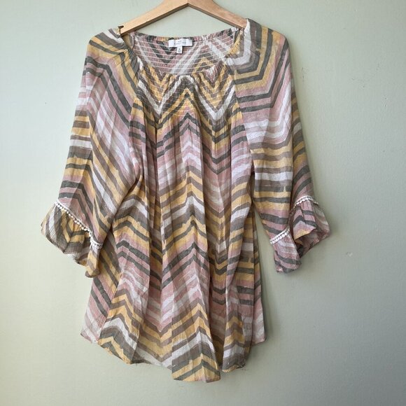 Boho Style Multicolor‎ Chevron Pattern Womens Blouse With 3/4 Sleeves - Picture 1 of 2